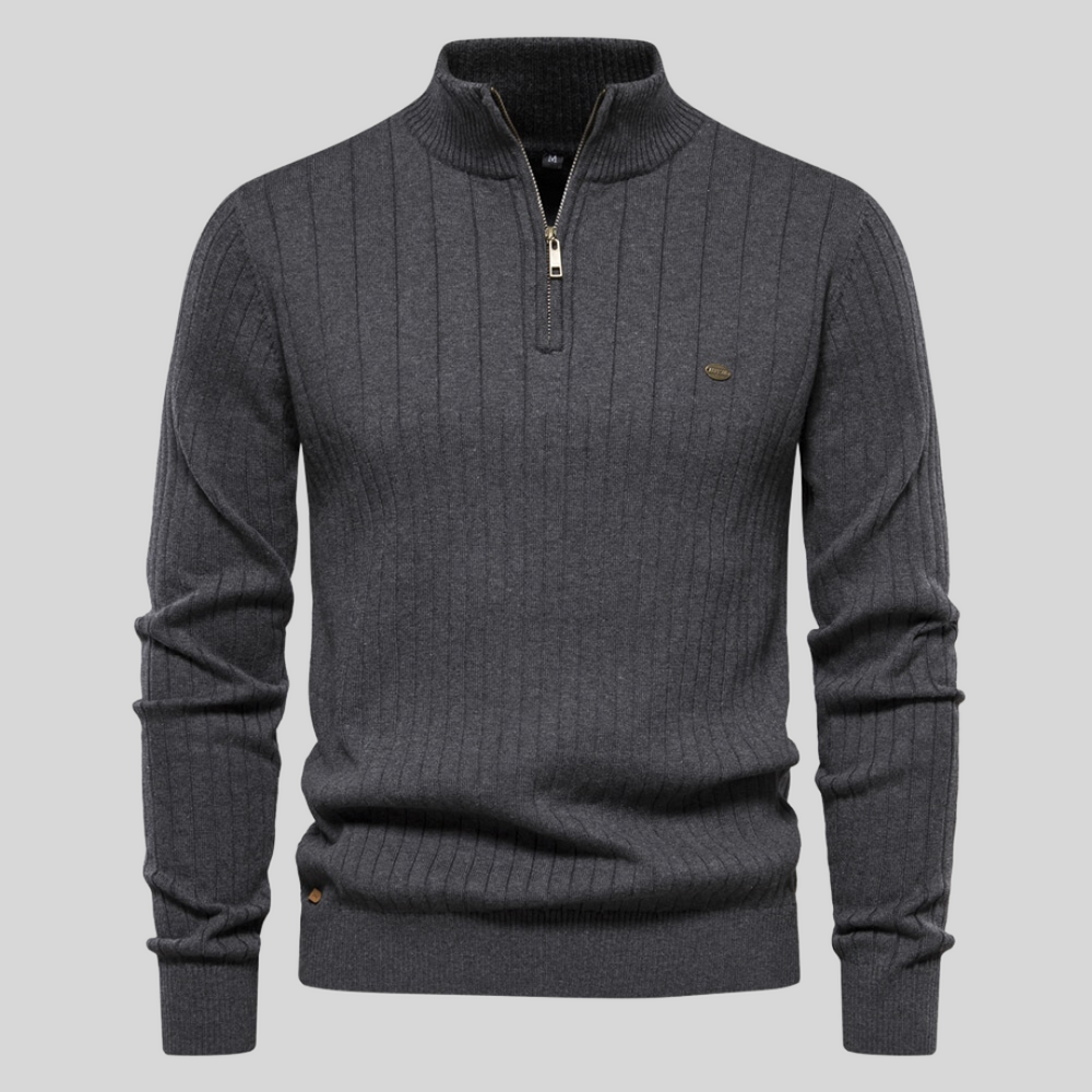 Men'S Ribbed Top with High Zip Neck Sweater