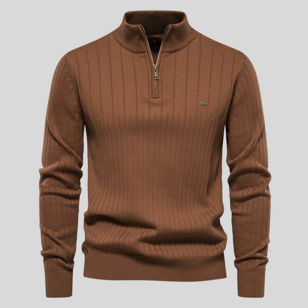 Men'S Ribbed Top with High Zip Neck Sweater