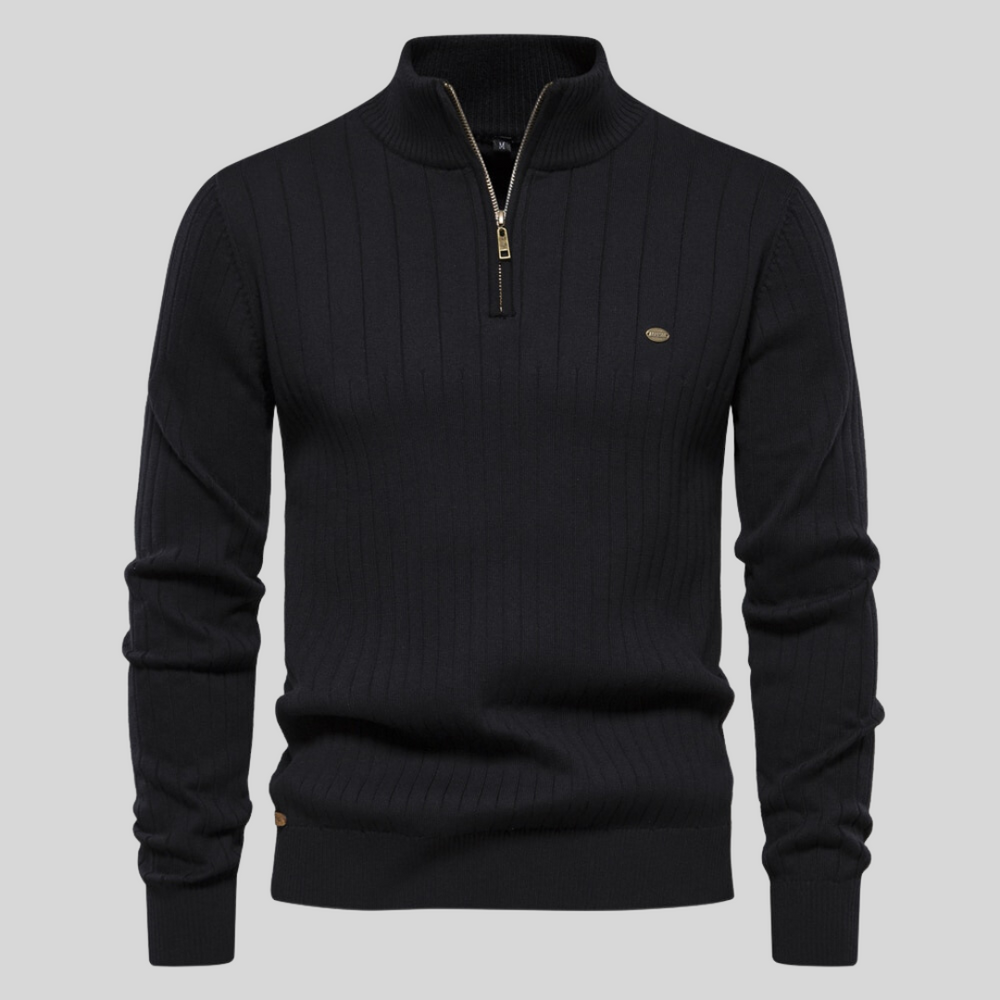 Men'S Ribbed Top with High Zip Neck Sweater