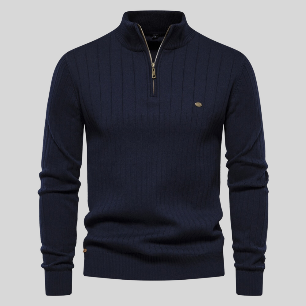 Men'S Ribbed Top with High Zip Neck Sweater