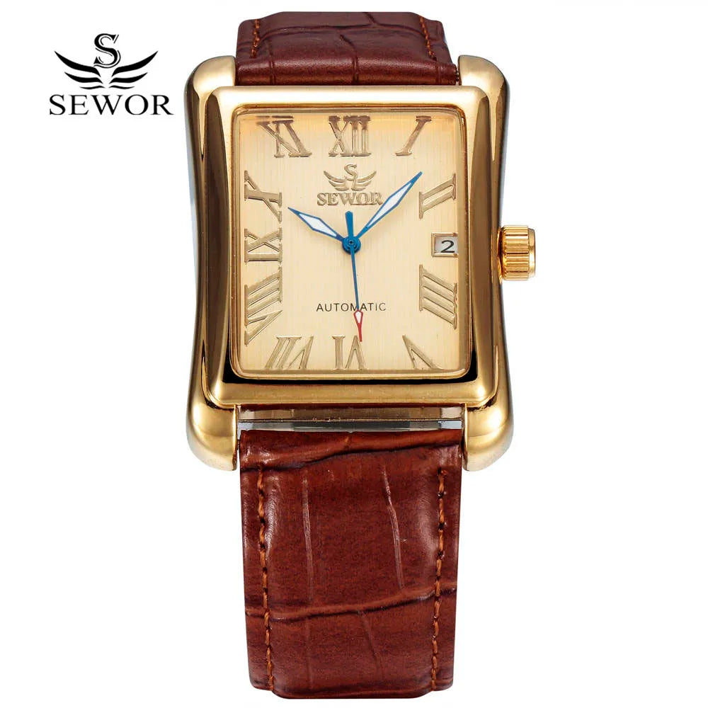 SEWOR Watch Fashion Rectangle Watches Men Gold Automatic Mechanical Wristwatches Men Luxury Business Watch Relogio Masculino