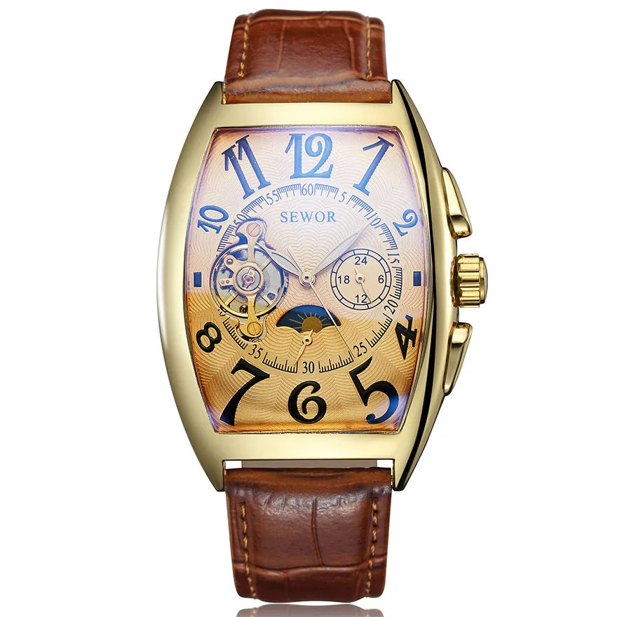 Luxury Automatic Mechanical Watches Men Moon Phase Skeleton Retro Self Winding Wristwatch Male Gold Case Clock Leather Watches