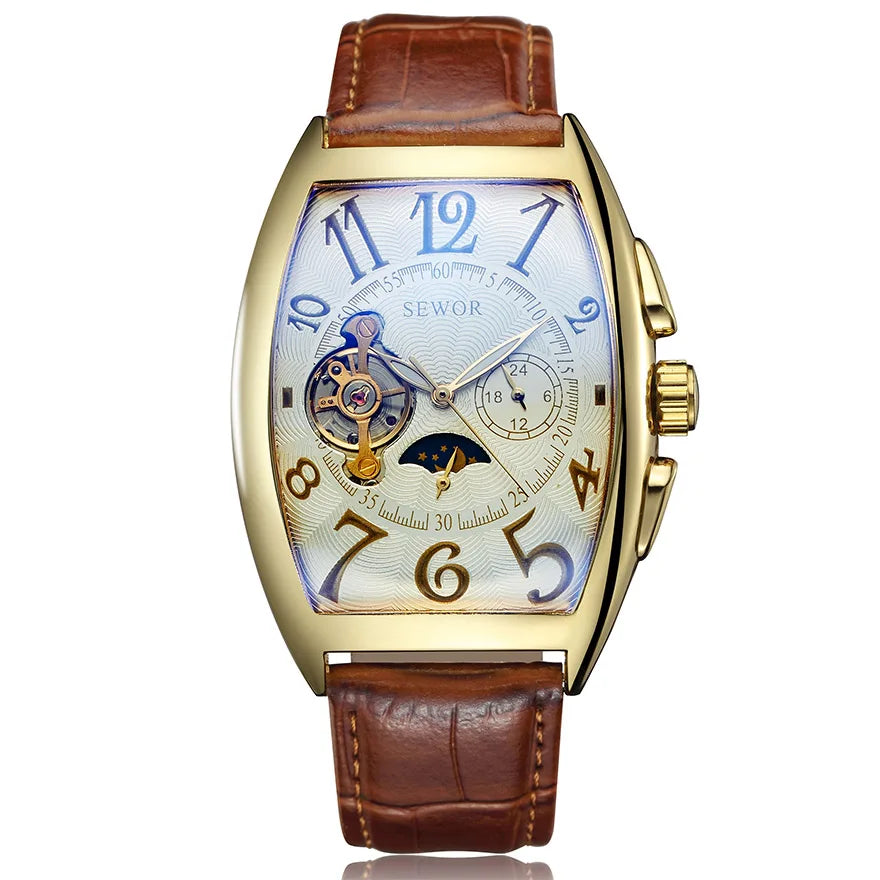 Luxury Automatic Mechanical Watches Men Moon Phase Skeleton Retro Self Winding Wristwatch Male Gold Case Clock Leather Watches