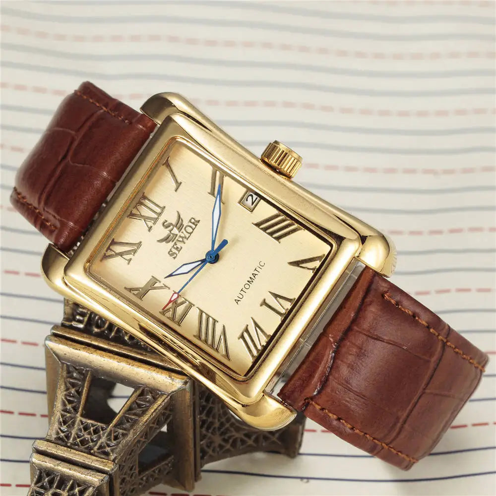 SEWOR Watch Fashion Rectangle Watches Men Gold Automatic Mechanical Wristwatches Men Luxury Business Watch Relogio Masculino
