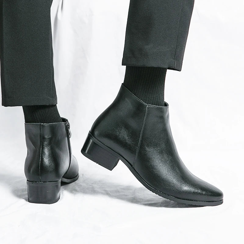 Boots Chelsea Leather Men Ankle Shoes Wedding Formal Man Business Winter Warm Height Increase 5Cm
