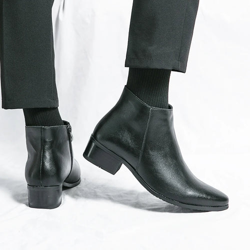 Boots Chelsea Leather Men Ankle Shoes Wedding Formal Man Business Winter Warm Height Increase 5Cm
