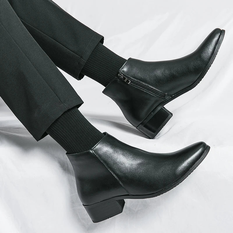 Boots Chelsea Leather Men Ankle Shoes Wedding Formal Man Business Winter Warm Height Increase 5Cm