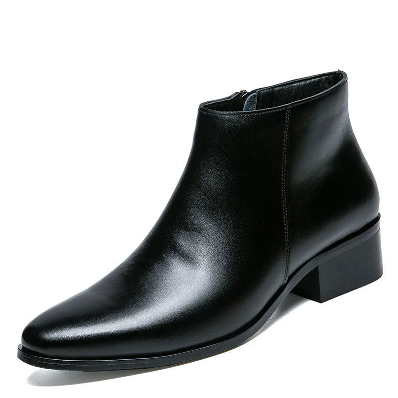 Boots Chelsea Leather Men Ankle Shoes Wedding Formal Man Business Winter Warm Height Increase 5Cm