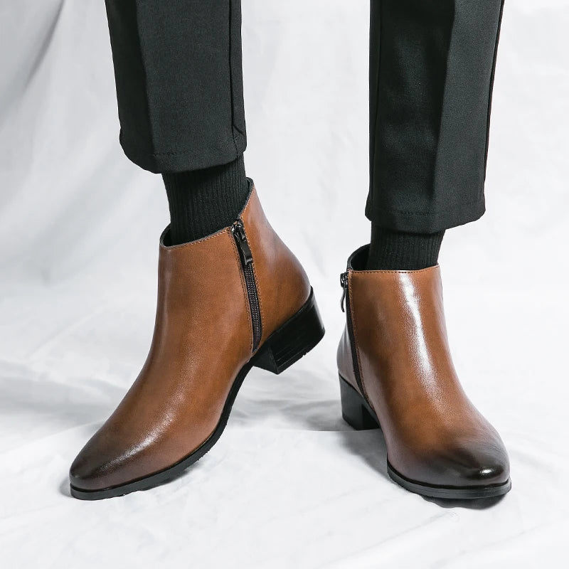 Boots Chelsea Leather Men Ankle Shoes Wedding Formal Man Business Winter Warm Height Increase 5Cm