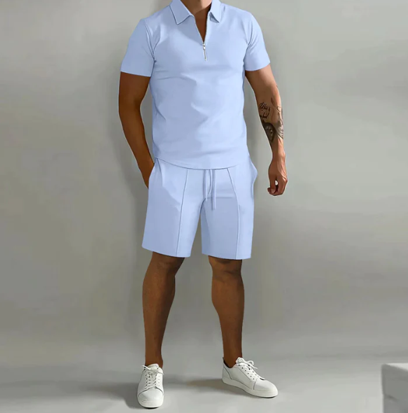 Men'S Zip-Up Shirt and Shorts Set