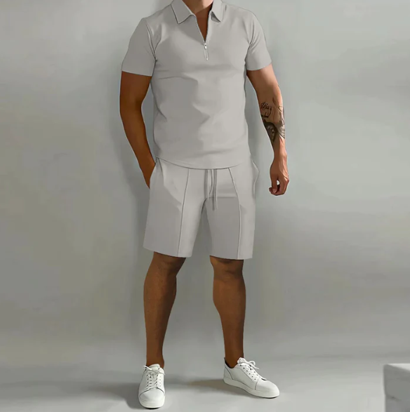 Men'S Zip-Up Shirt and Shorts Set