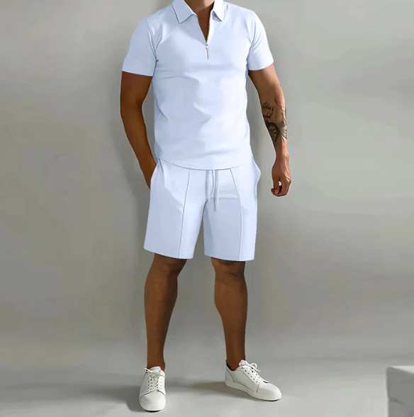 Men'S Zip-Up Shirt and Shorts Set