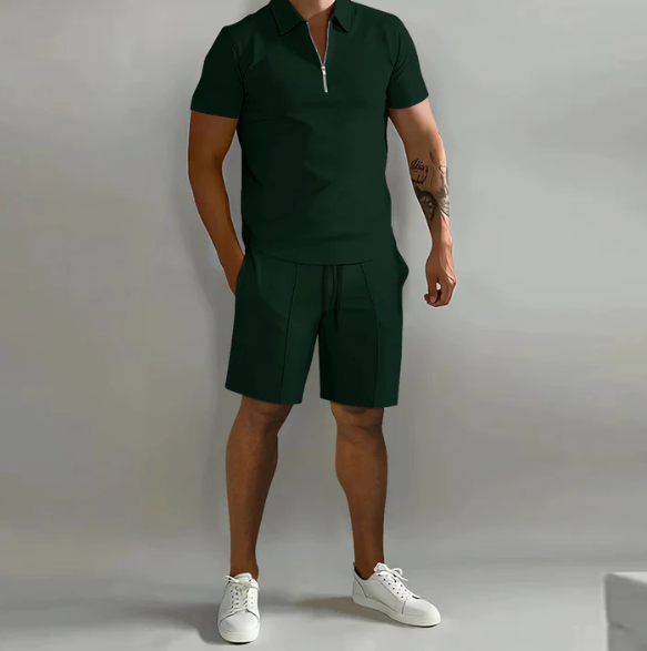 Men'S Zip-Up Shirt and Shorts Set
