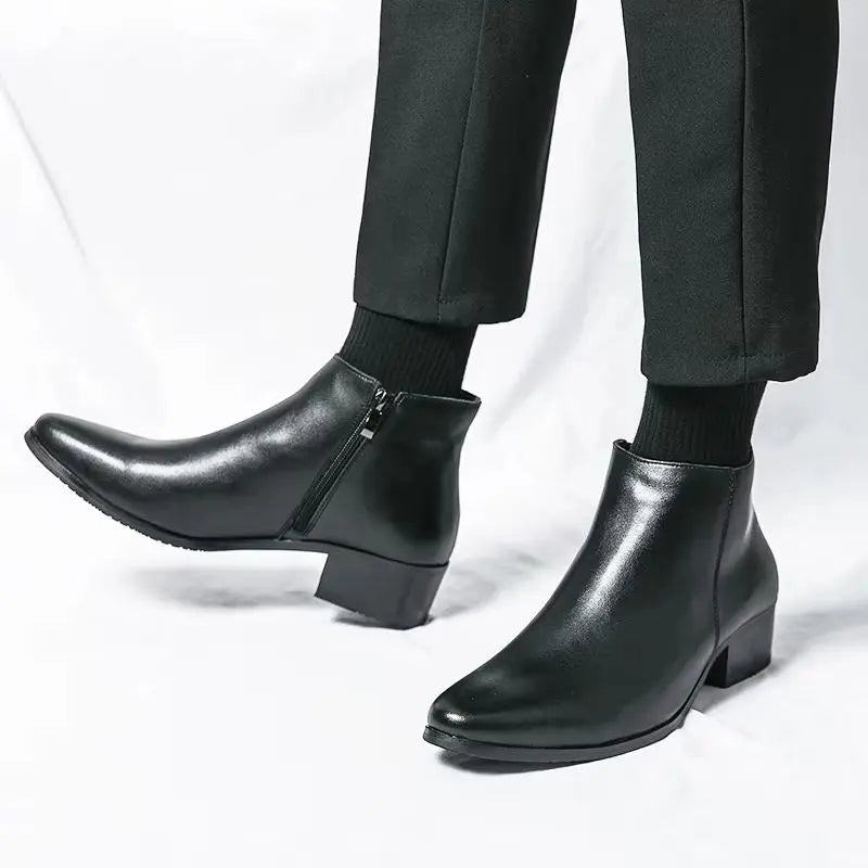 Boots Chelsea Leather Men Ankle Shoes Wedding Formal Man Business Winter Warm Height Increase 5Cm