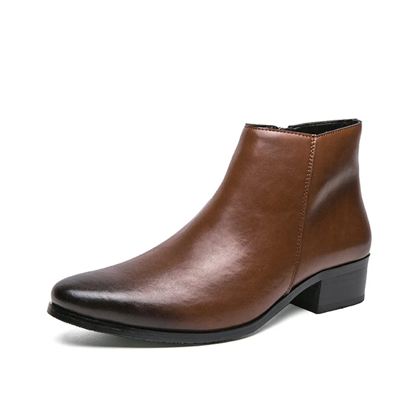 Boots Chelsea Leather Men Ankle Shoes Wedding Formal Man Business Winter Warm Height Increase 5Cm
